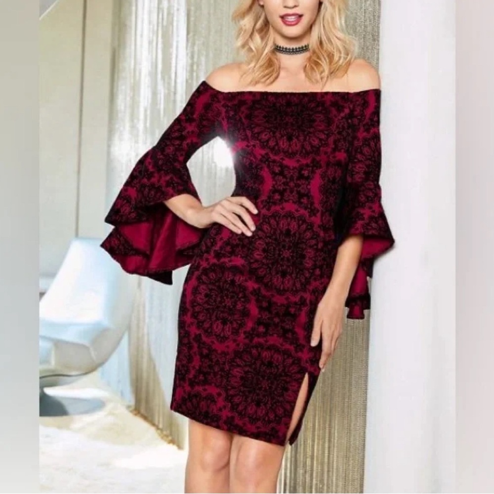 Venus, maroon and black velveteen brocade pattern cocktail dress worn once